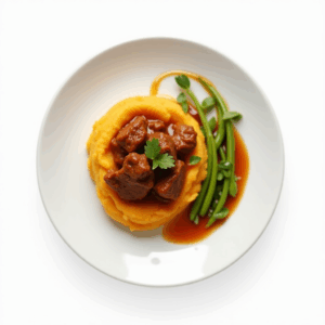 BEEF CURRYSWEET POTATO MASH AND GREEN BEANS