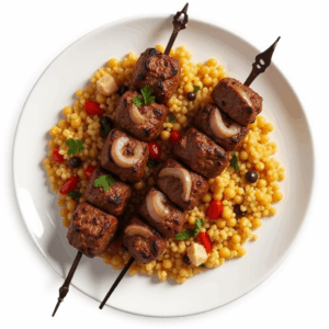 MOROCCAN BEEF SKEWERS WITH JEWELED COUSCOUS WITH CHICKPEAS