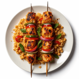 MOROCCAN CHICKEN SKEWERS WITH SPICY COUSCOUS & CHICKPEAS