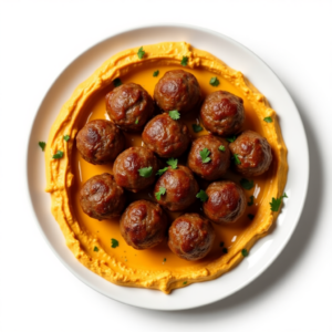 BEEF MEATBALLS WITH PUMPKIN & SWEET POTATO HUMMUS