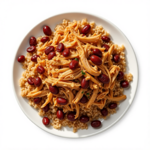 PULLED CHICKEN, BROWN RICE & FIRED BEANS