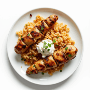 Greek style grilled chicken kebab tzatziki cottage cheese & brown rice