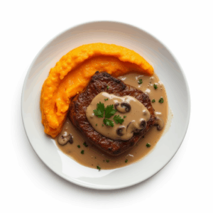 RUMP MUSHROOM SAUCE WITH SWEET POTATO MASH